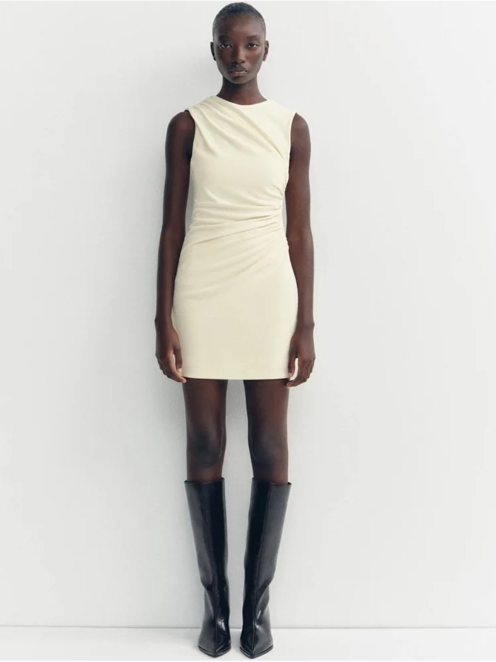 Zara Cream Asymmetric Ruched Mini Dress